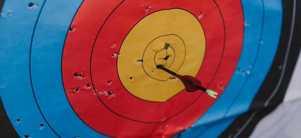 Close-up of a target in archery with a single arrow hitting the bullseye, showcasing precision and skill.